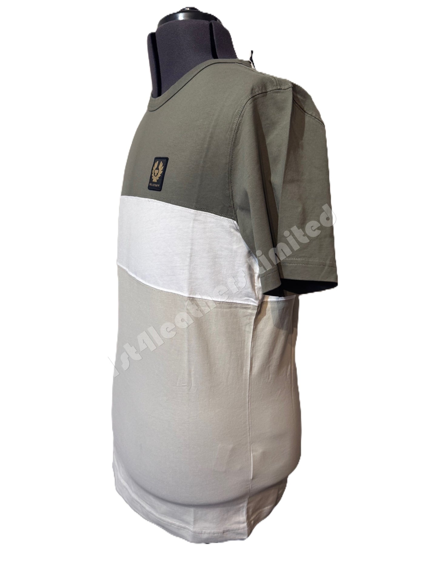 BELSTAFF COLOUR BLOCK COTTON T-SHIRT IN SURPLUS GREEN WHITE & PUMICE M RRP £99 BNWT