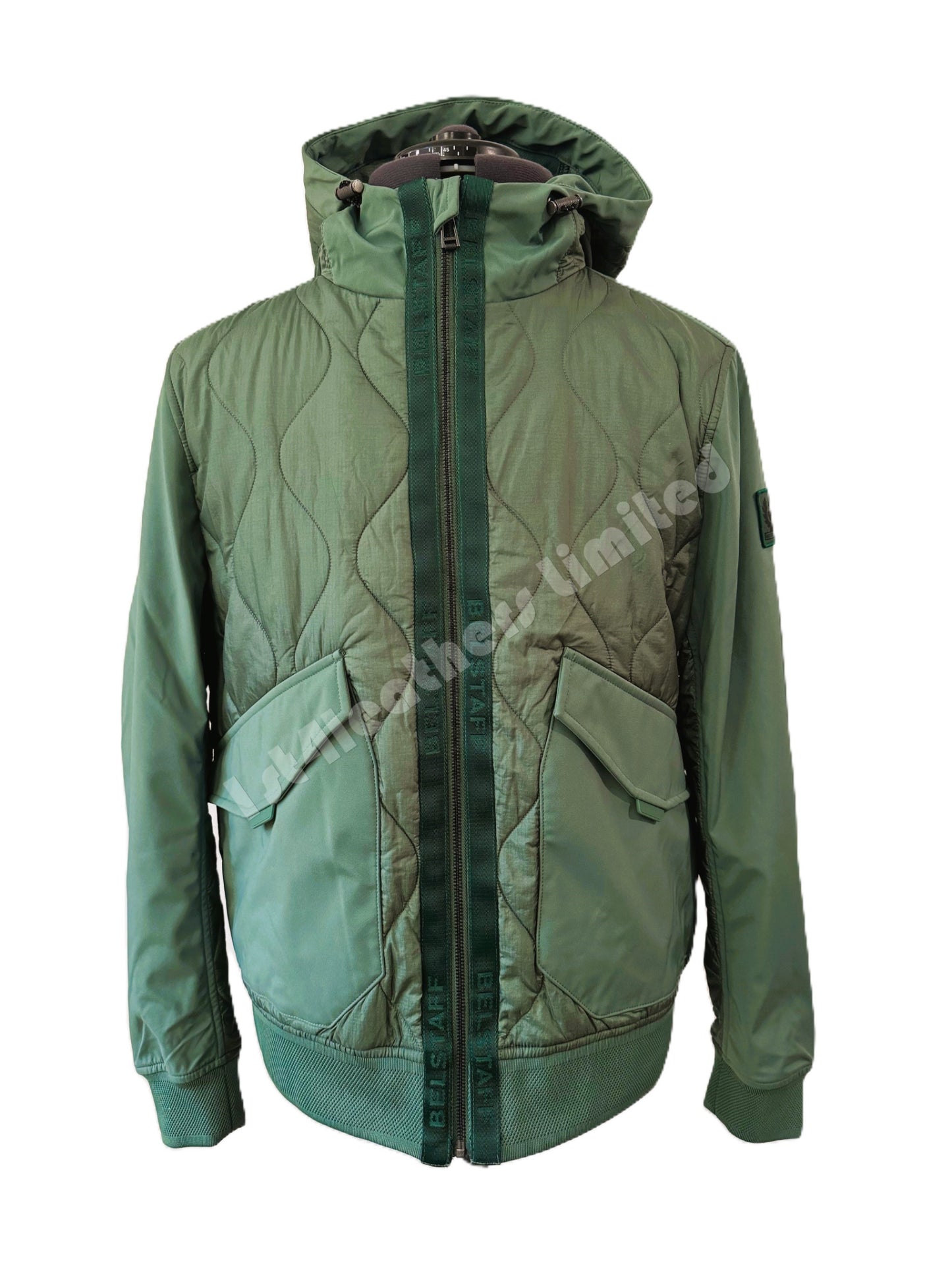 BELSTAFF LIMITER MIXED MEDIA HOODED BOMBER JACKET GRAPH GREEN UK42 XL RRP £325