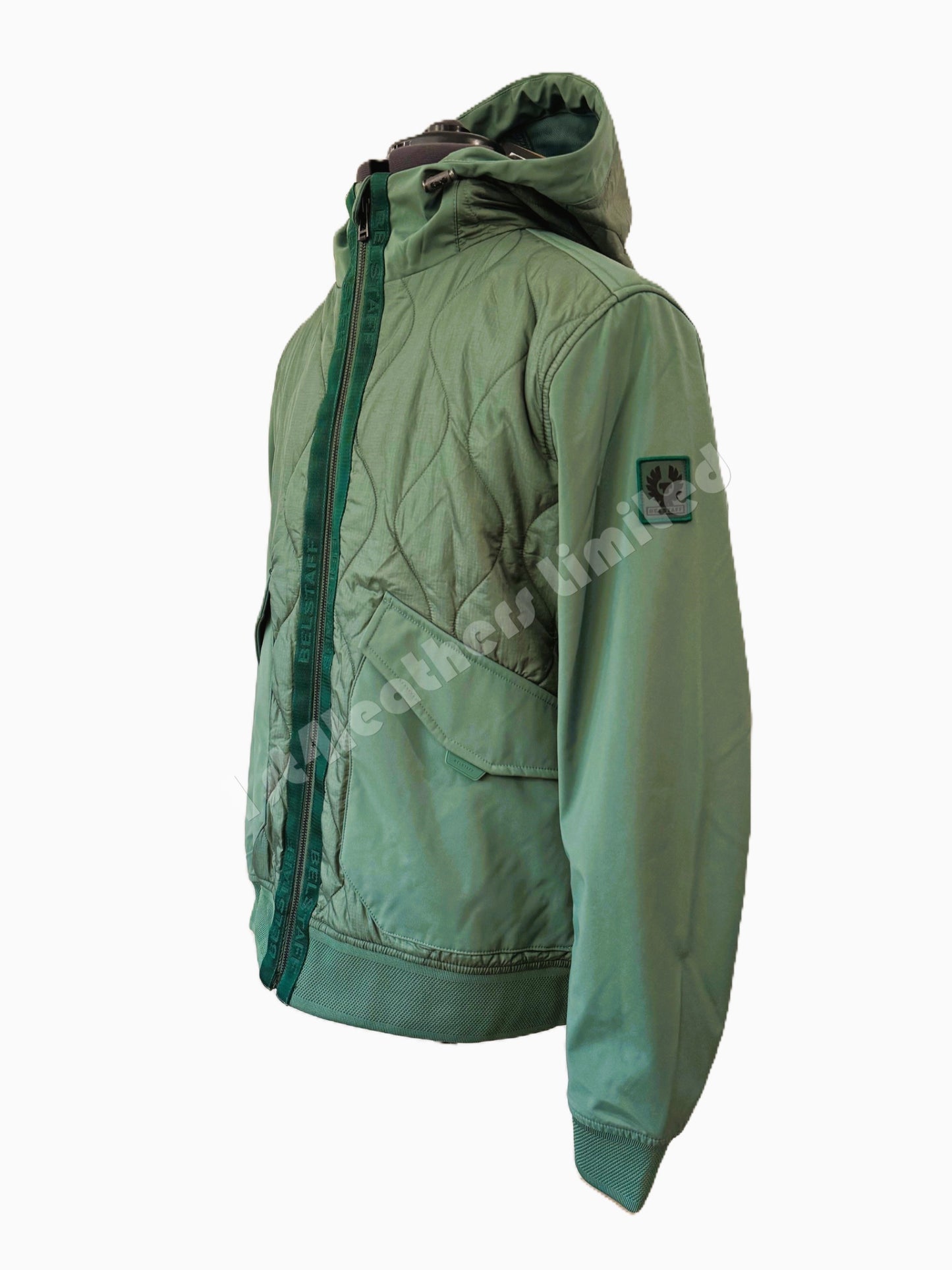 BELSTAFF LIMITER MIXED MEDIA HOODED BOMBER JACKET GRAPH GREEN UK42 XL RRP £325