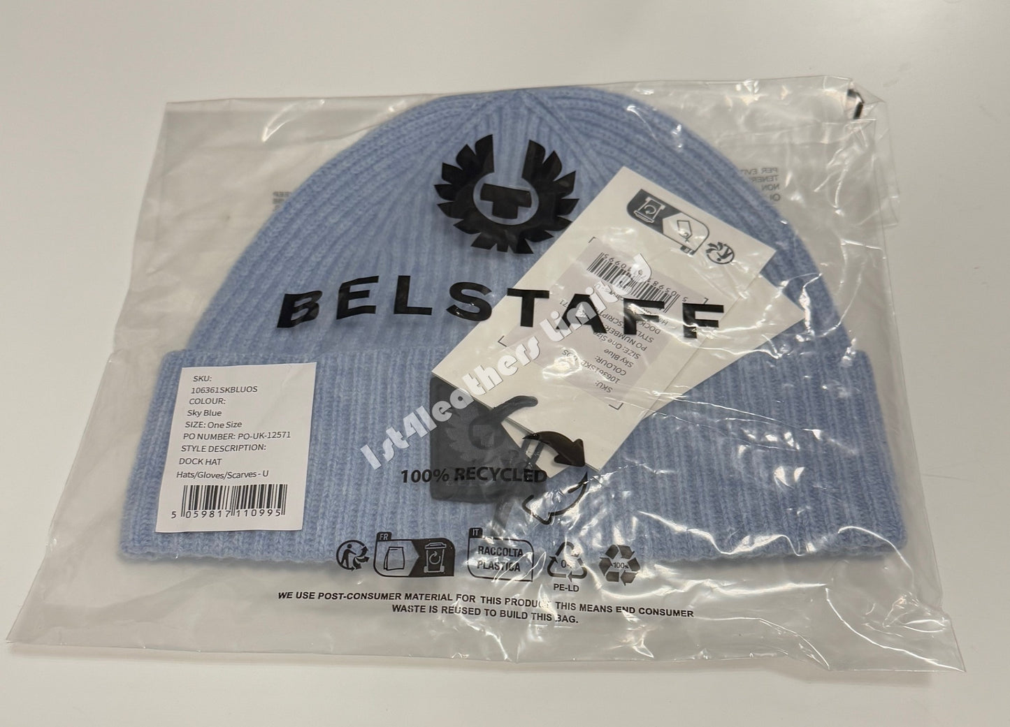 BELSTAFF PHOENIX LOGO WOOL/CASHMERE DOCK BEANIE HAT SKY BLUE RRP £80 BNWT