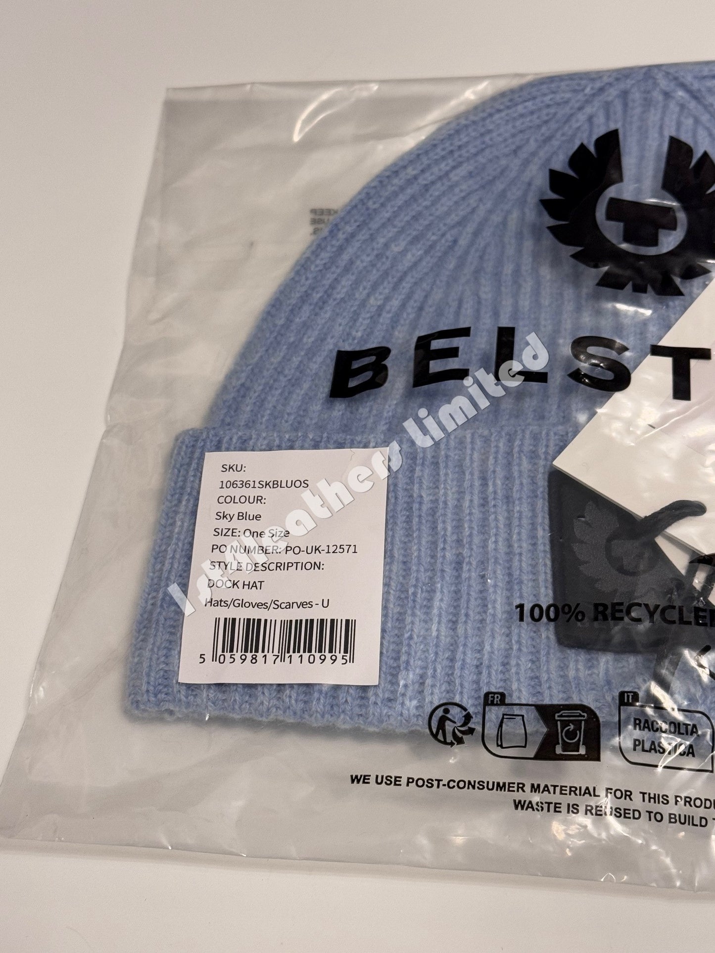 BELSTAFF PHOENIX LOGO WOOL/CASHMERE DOCK BEANIE HAT SKY BLUE RRP £80 BNWT