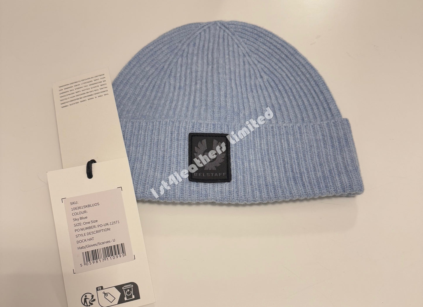 BELSTAFF PHOENIX LOGO WOOL/CASHMERE DOCK BEANIE HAT SKY BLUE RRP £80 BNWT