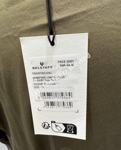 BELSTAFF MONKFORD PHOENIX PATCH LONG SLEEVE T-SHIRT TRUE OLIVE 3XL RRP £75 BNWT
