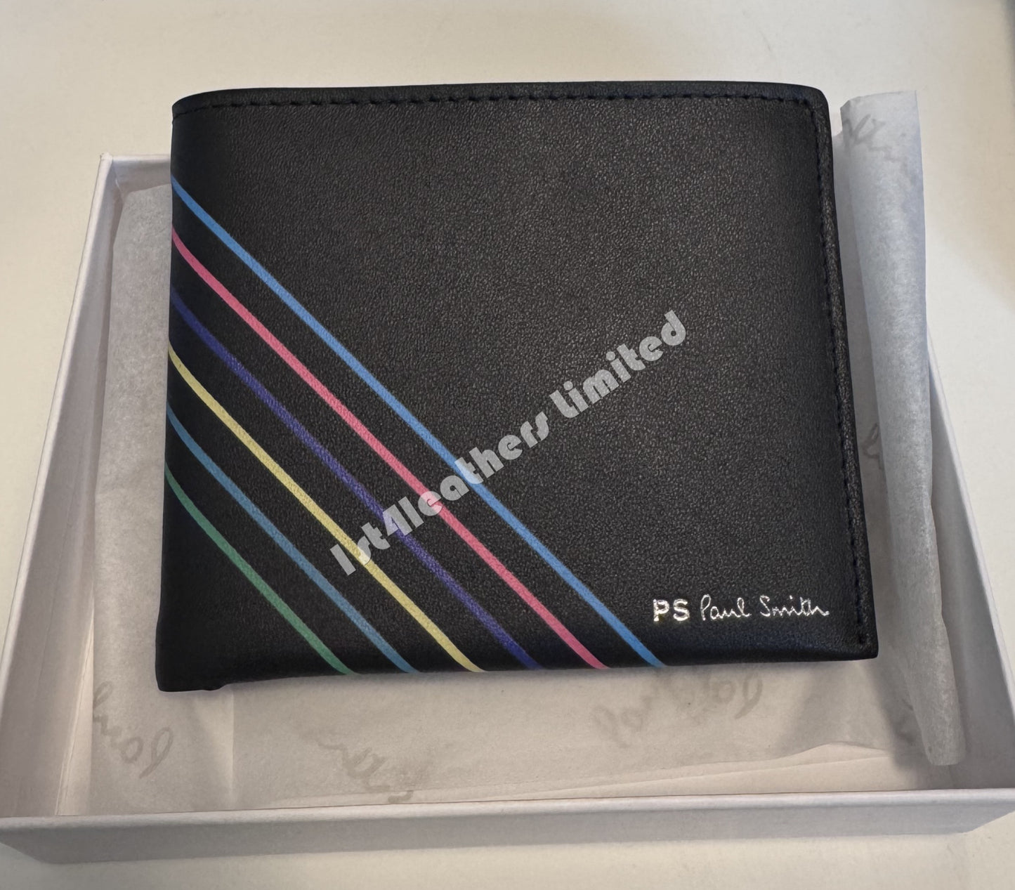 PAUL SMITH PS LEATHER BI-FOLD SPORTS STRIPE WALLET BLACK RRP £130 NEW IN BOX