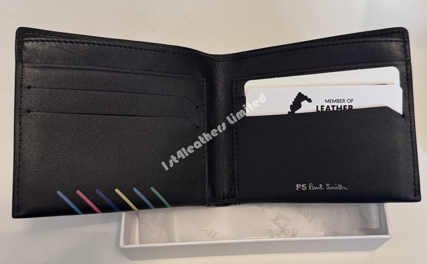 PAUL SMITH PS LEATHER BI-FOLD SPORTS STRIPE WALLET BLACK RRP £130 NEW IN BOX