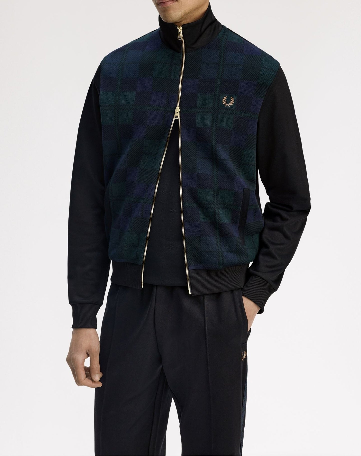 FRED PERRY BLACK WATCH TARTAN FRONT TRACK JACKET BLACK LARGE RRP £160 BNWT