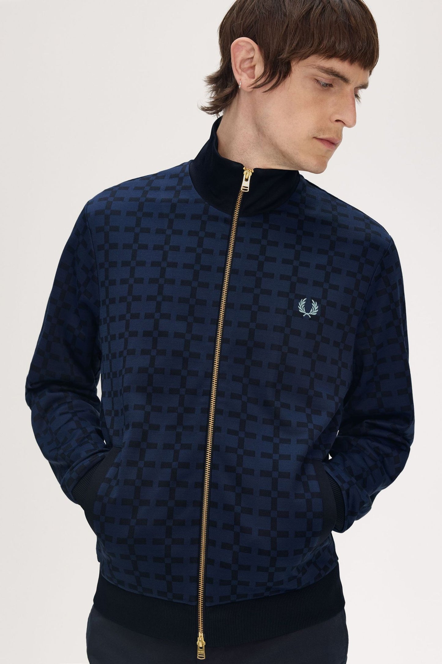 FRED PERRY JACQUARD GEOMETRIC PRINT TRACK JACKET NAVY BLUE 2XL RRP £175 BNWT