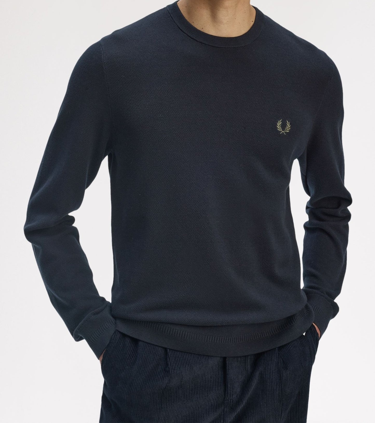 FRED PERRY PIQUE STITCH CREW NECK JUMPER NAVY 2XL RRP £100 BNWT