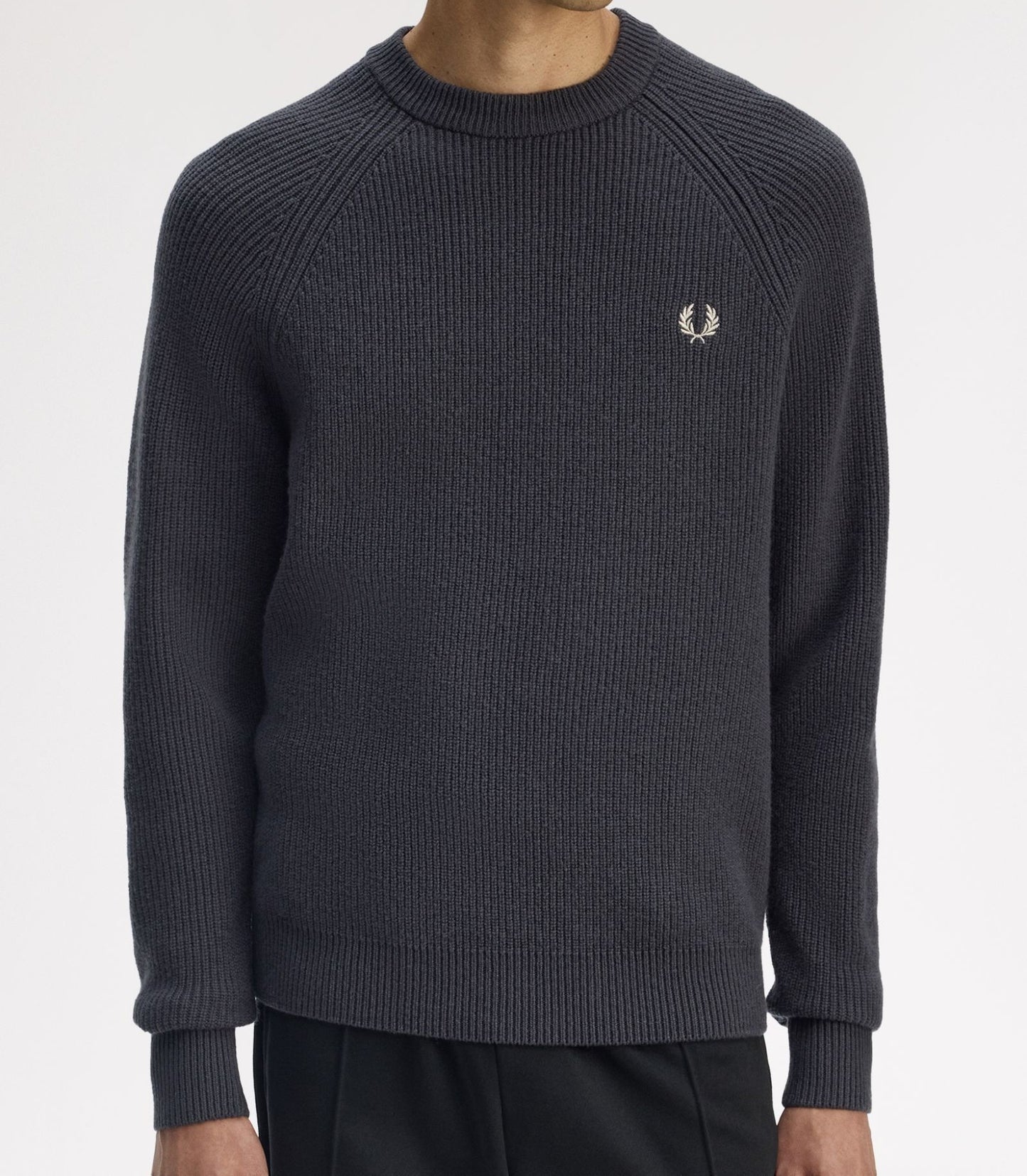 FRED PERRY RAGLAN TEXTURED CREW NECK LAMBS WOOL JUMPER GREY XL RRP £155 BNWT