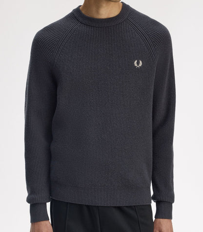 FRED PERRY RAGLAN TEXTURED CREW NECK LAMBS WOOL JUMPER GREY XL RRP £155 BNWT
