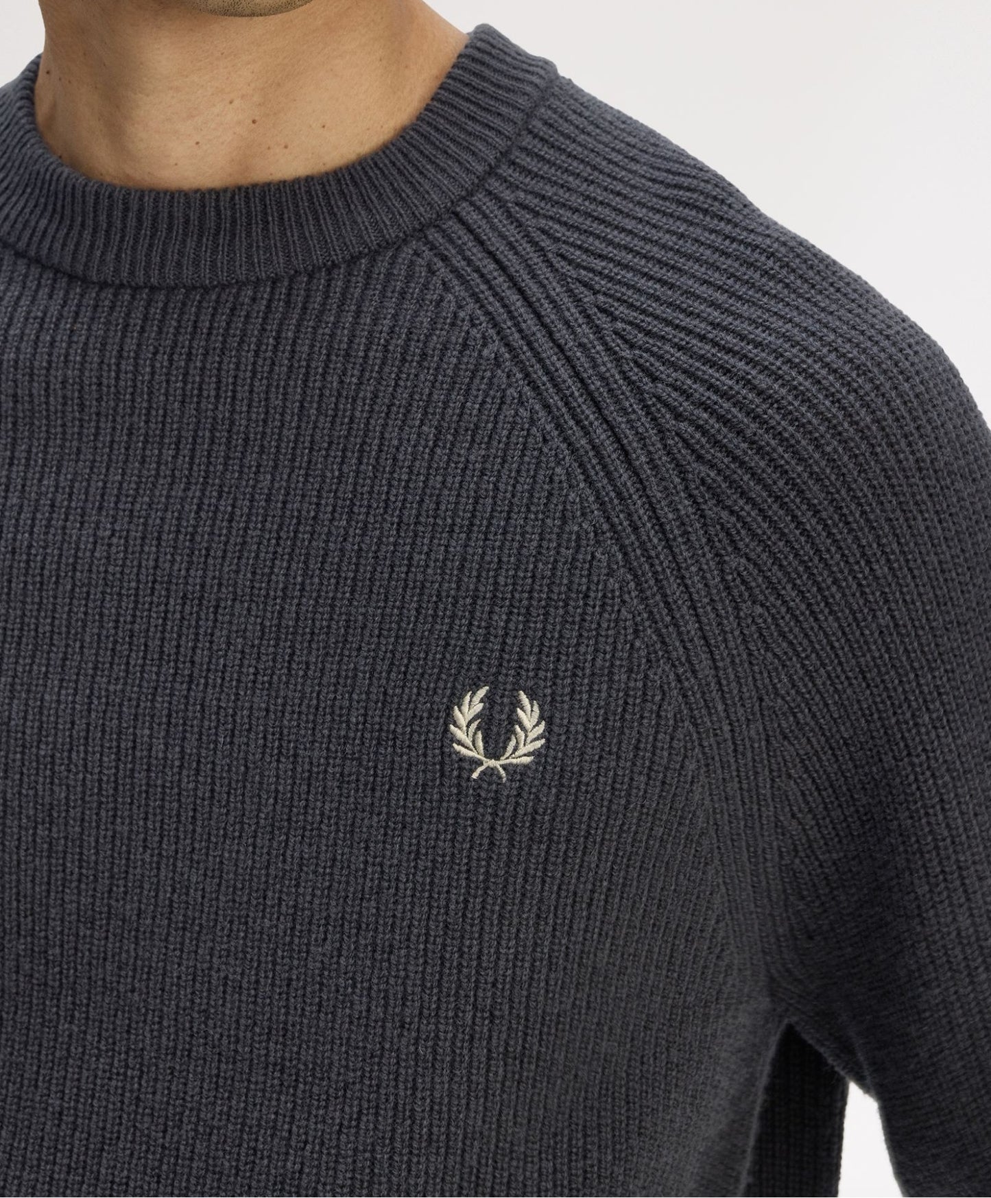 FRED PERRY RAGLAN TEXTURED CREW NECK LAMBS WOOL JUMPER GREY XL RRP £155 BNWT