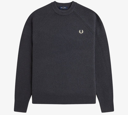 FRED PERRY RAGLAN TEXTURED CREW NECK LAMBS WOOL JUMPER GREY XL RRP £155 BNWT