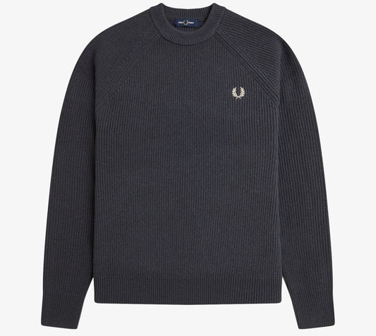 FRED PERRY RAGLAN TEXTURED CREW NECK LAMBS WOOL JUMPER GREY XL RRP £155 BNWT