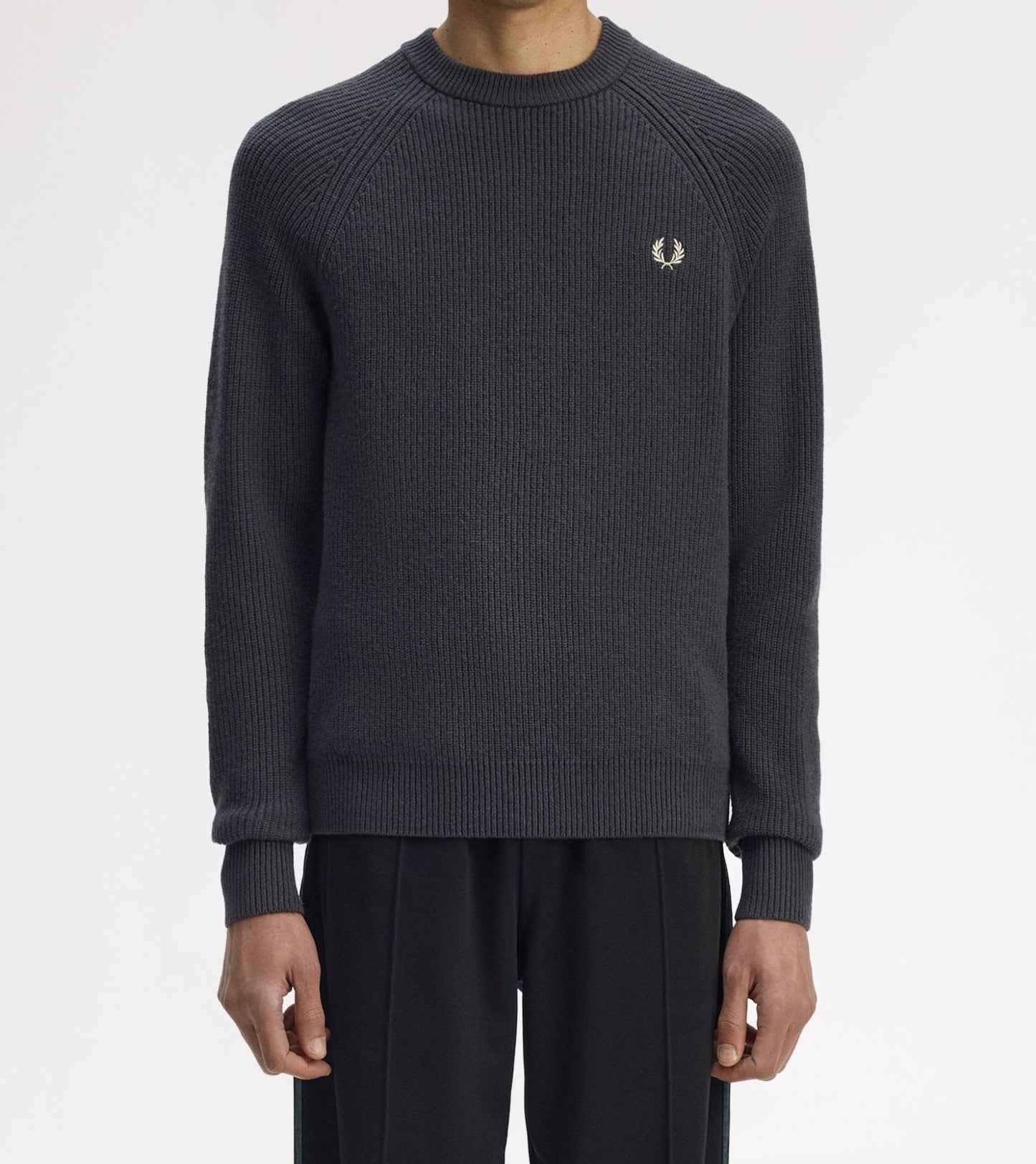 FRED PERRY RAGLAN TEXTURED CREW NECK LAMBS WOOL JUMPER GREY XL RRP £155 BNWT