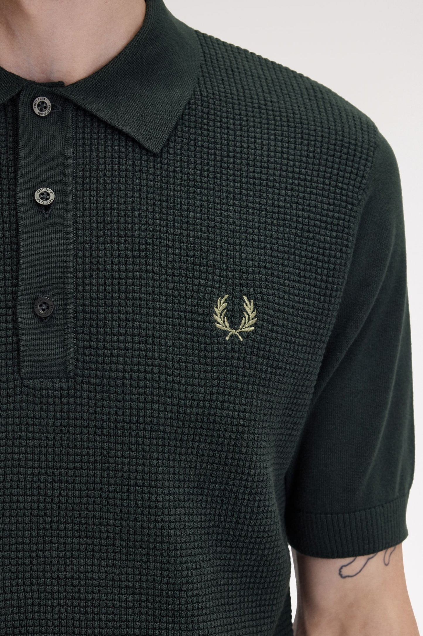FRED PERRY WAFFLE KNITTED COTTON POLO SHIRT NIGHT GREEN K8555 2XL RRP £100 BNWT