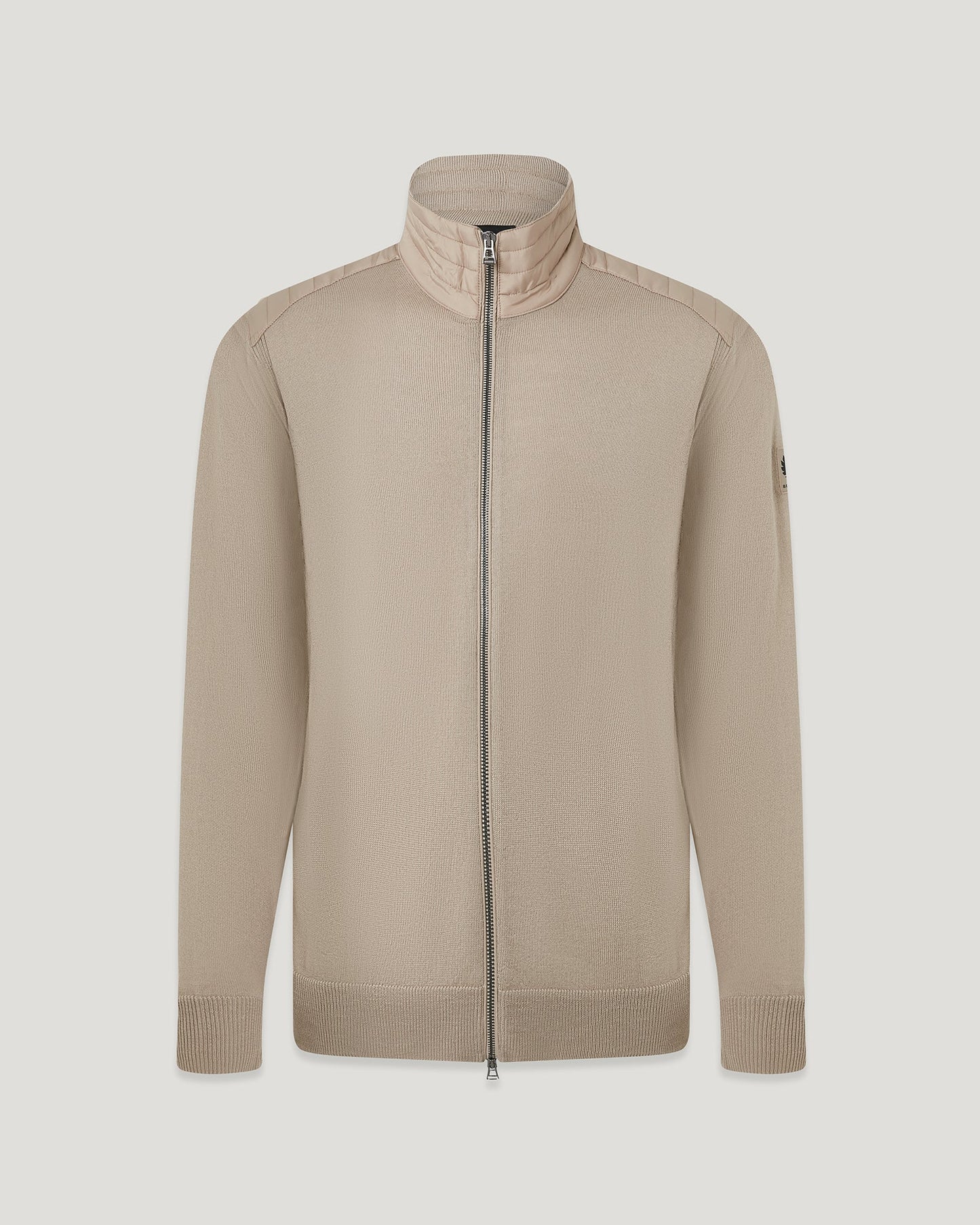 BELSTAFF KELBY MERINO WOOL MIXED MEDIA ZIPPED CARDIGAN DARK SAND RRP £250