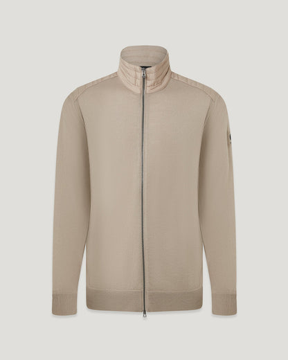 BELSTAFF KELBY MERINO WOOL MIXED MEDIA ZIPPED CARDIGAN DARK SAND RRP £250