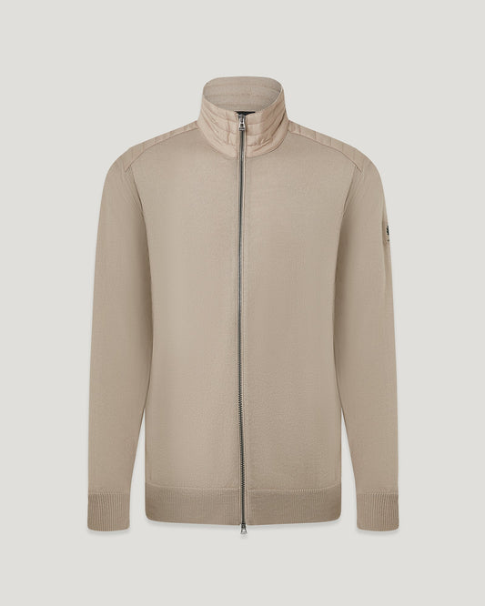 BELSTAFF KELBY MERINO WOOL MIXED MEDIA ZIPPED CARDIGAN DARK SAND RRP £250