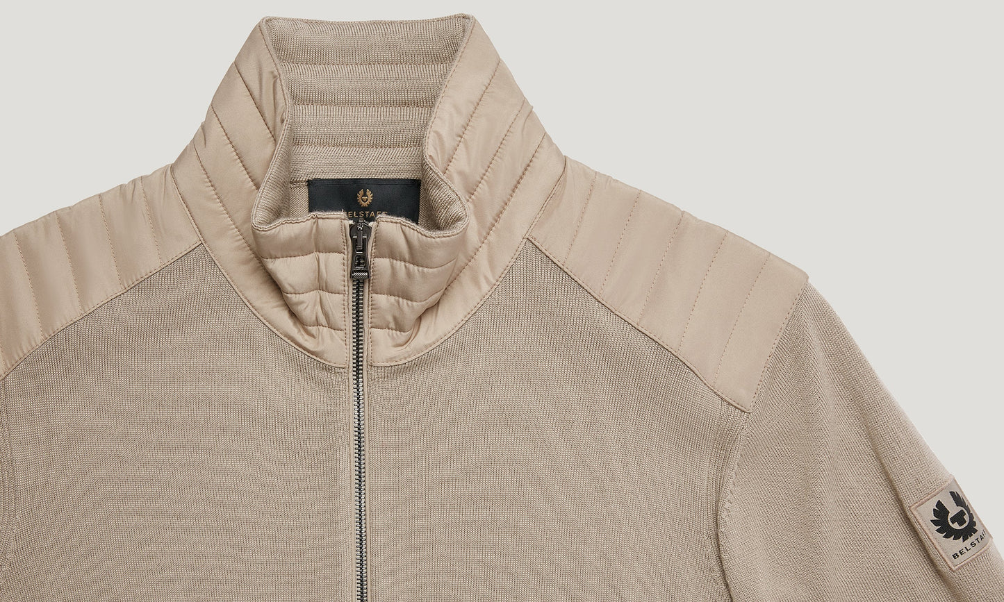 BELSTAFF KELBY MERINO WOOL MIXED MEDIA ZIPPED CARDIGAN DARK SAND RRP £250