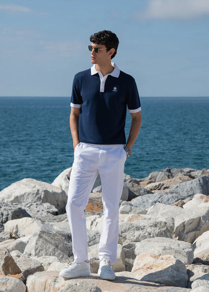 SANDBANKS 3 BUTTON KNITTED COTTON BADGE LOGO POLO SHIRT NAVY L RRP £125 BNWT