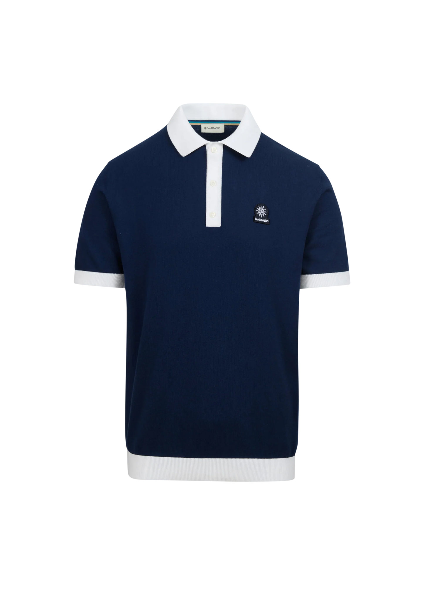 SANDBANKS 3 BUTTON KNITTED COTTON BADGE LOGO POLO SHIRT NAVY L RRP £125 BNWT