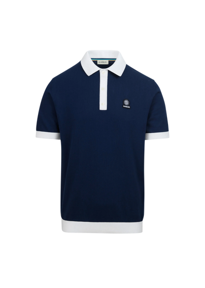 SANDBANKS 3 BUTTON KNITTED COTTON BADGE LOGO POLO SHIRT NAVY L RRP £125 BNWT