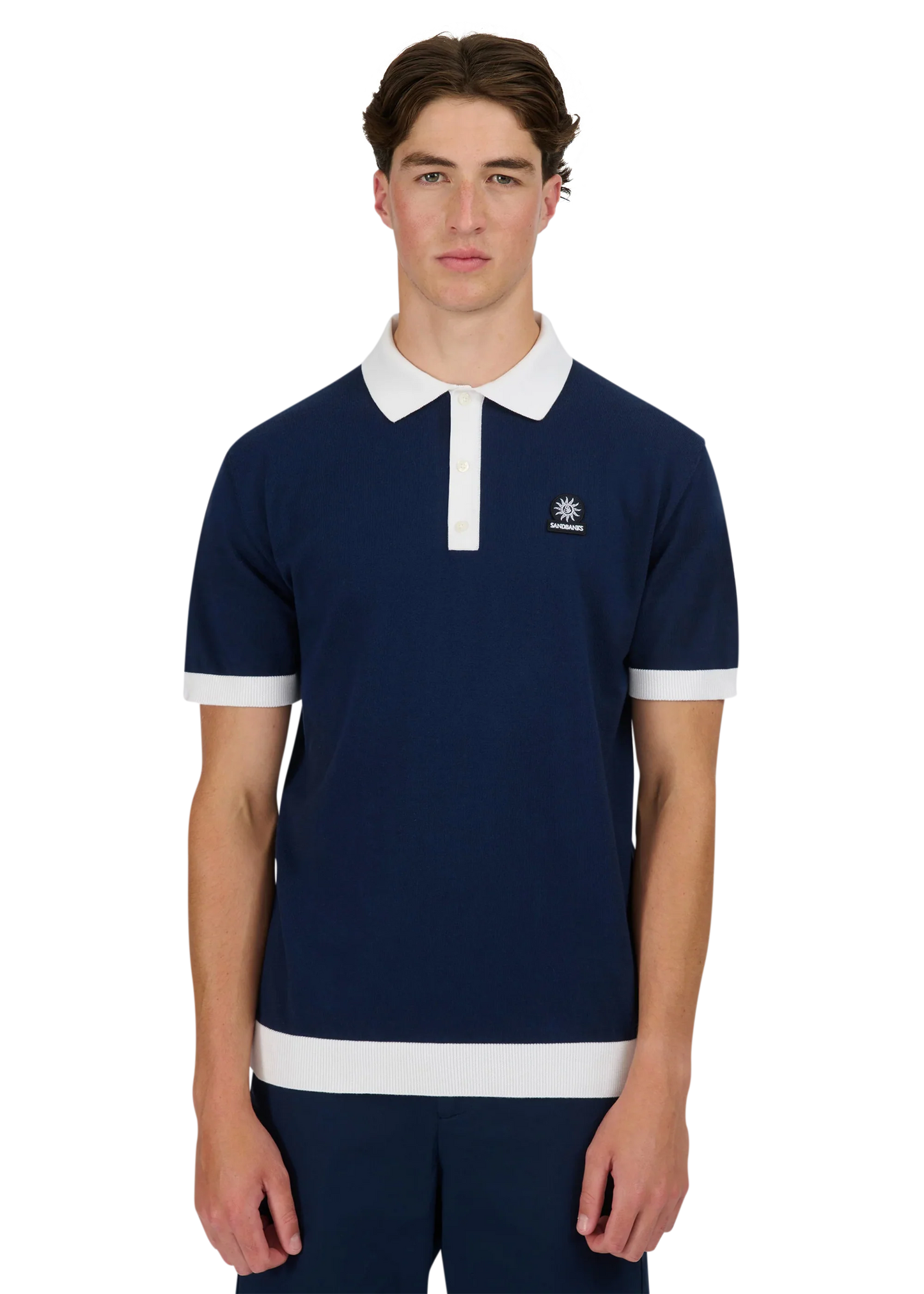 SANDBANKS 3 BUTTON KNITTED COTTON BADGE LOGO POLO SHIRT NAVY L RRP £125 BNWT