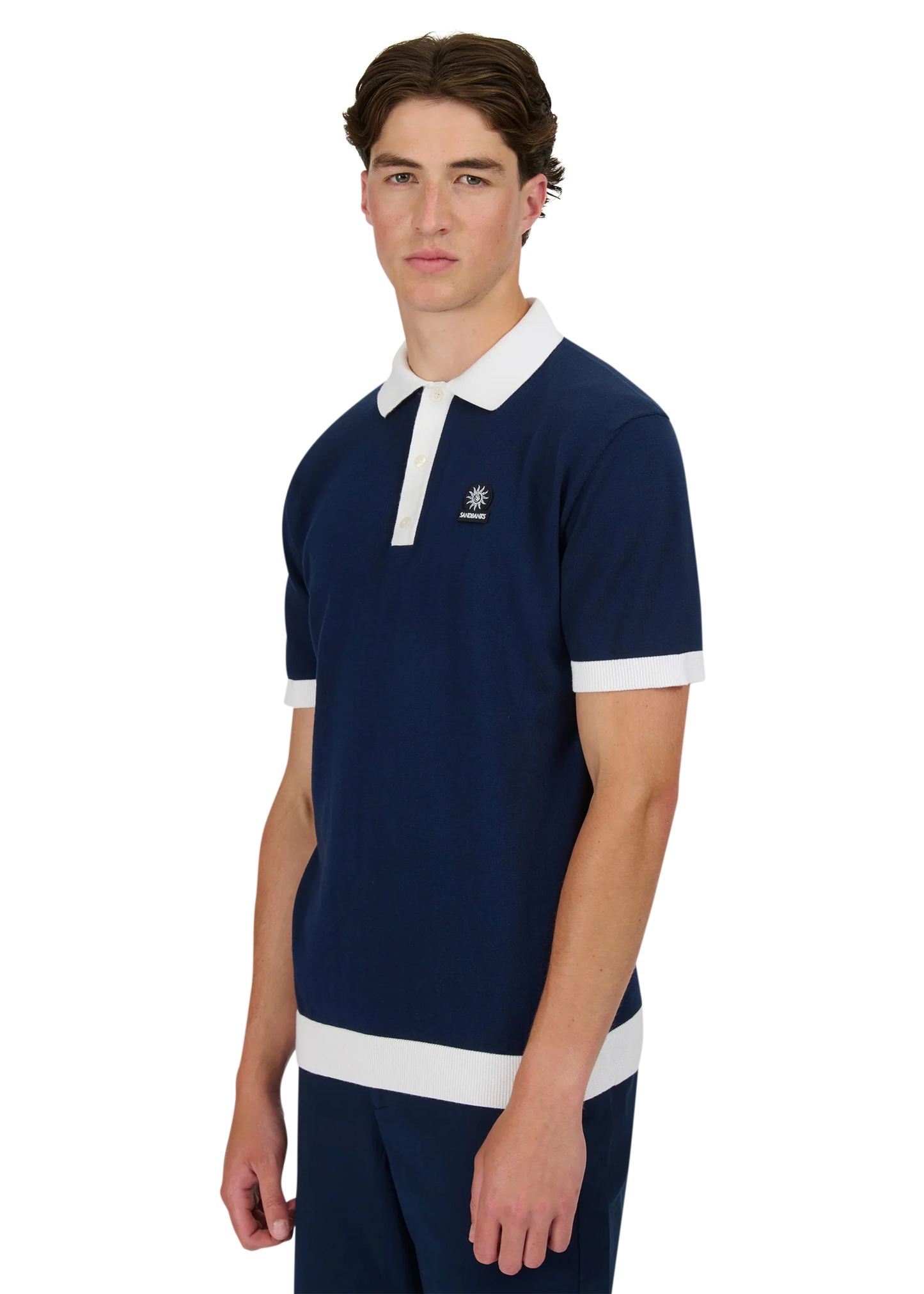 SANDBANKS 3 BUTTON KNITTED COTTON BADGE LOGO POLO SHIRT NAVY L RRP £125 BNWT