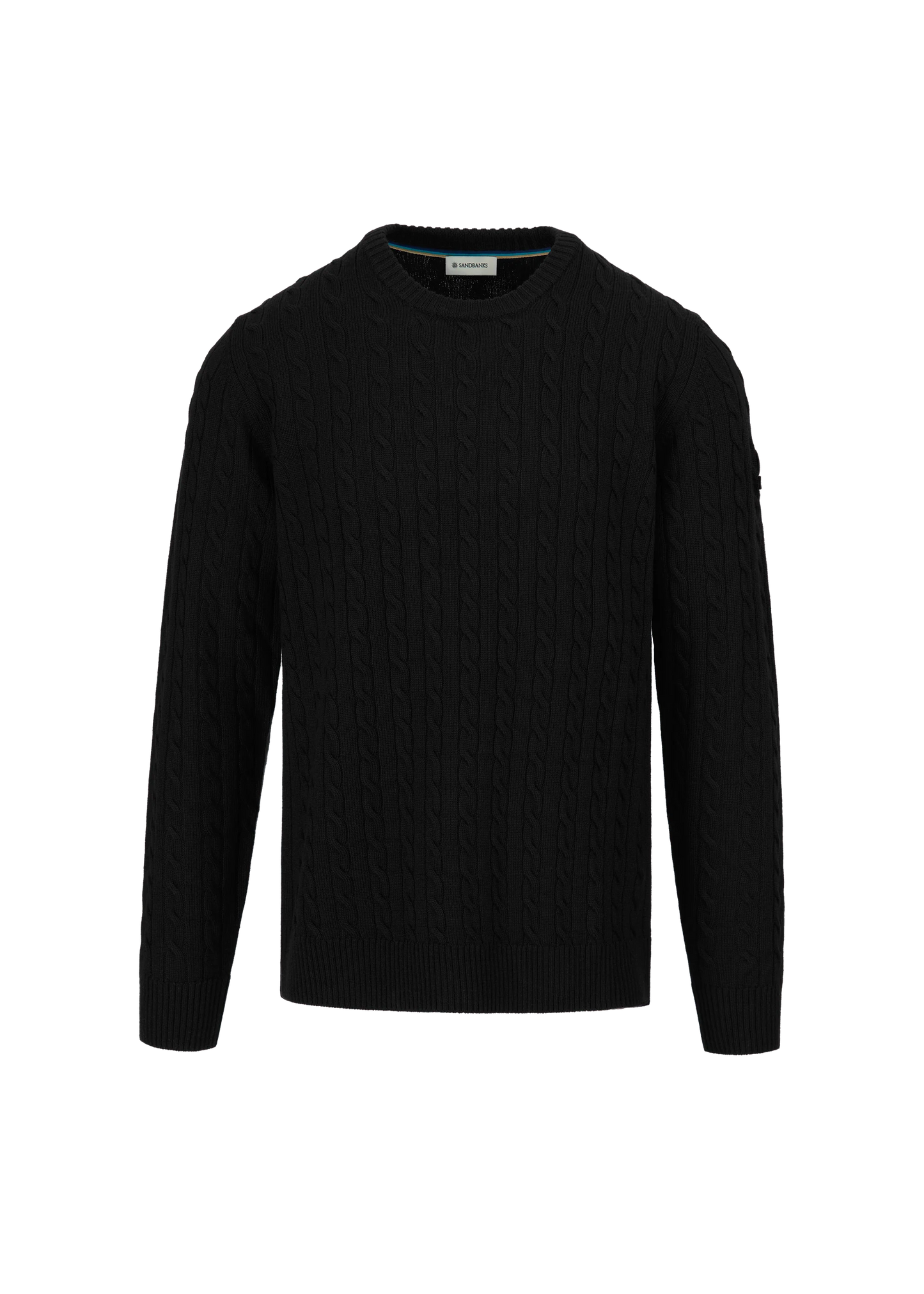 SANDBANKS CABLE KNIT MERINO WOOL BADGE LOGO JUMPER BLACK SLIM FIT RRP £175 BNWT