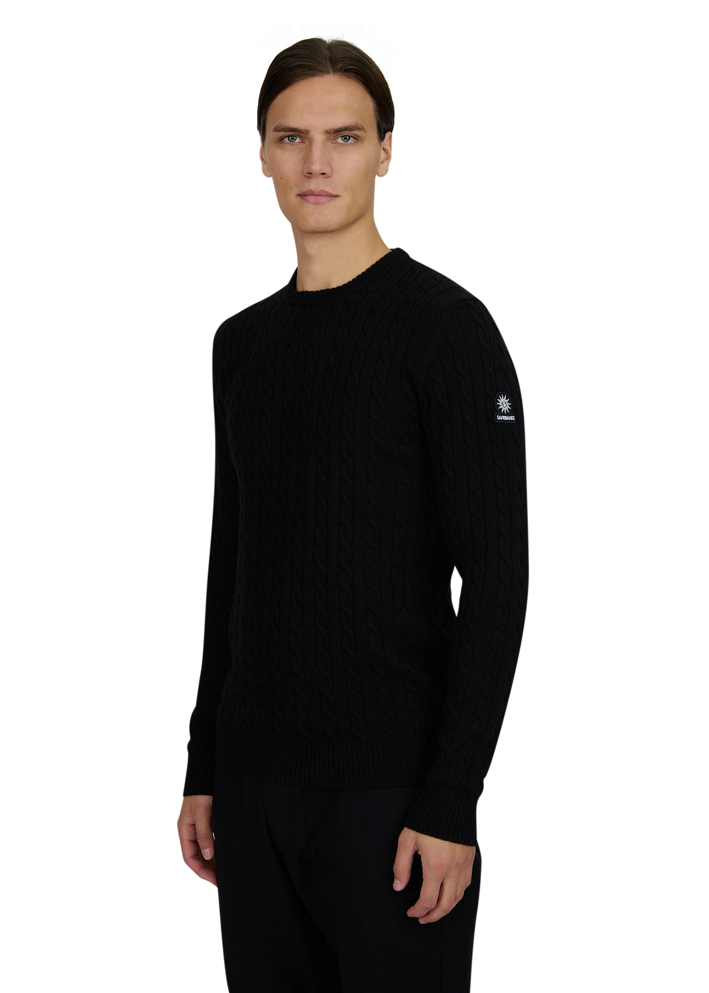 SANDBANKS CABLE KNIT MERINO WOOL BADGE LOGO JUMPER BLACK SLIM FIT RRP £175 BNWT