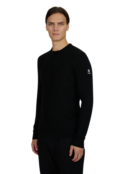 SANDBANKS CABLE KNIT MERINO WOOL BADGE LOGO JUMPER BLACK SLIM FIT RRP £175 BNWT