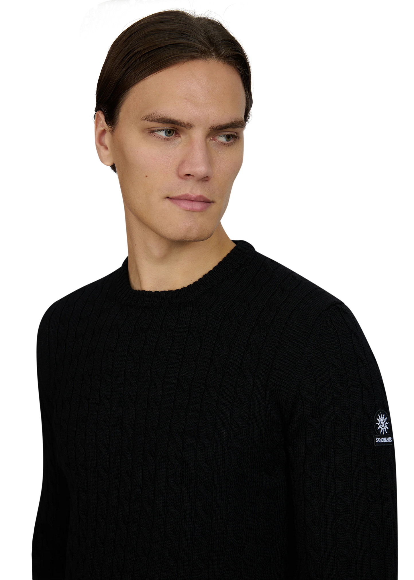 SANDBANKS CABLE KNIT MERINO WOOL BADGE LOGO JUMPER BLACK SLIM FIT RRP £175 BNWT