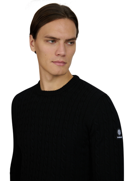 SANDBANKS CABLE KNIT MERINO WOOL BADGE LOGO JUMPER BLACK SLIM FIT RRP £175 BNWT