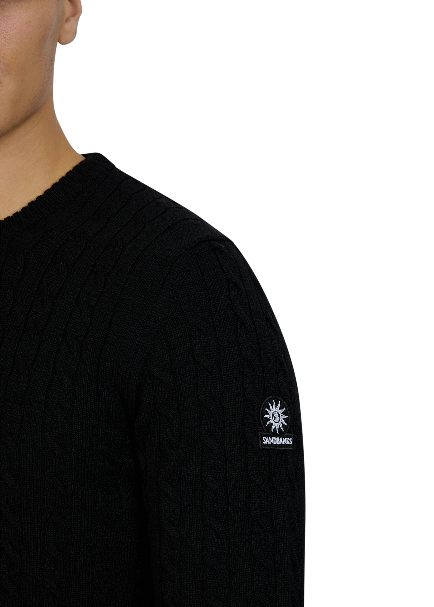SANDBANKS CABLE KNIT MERINO WOOL BADGE LOGO JUMPER BLACK SLIM FIT RRP £175 BNWT