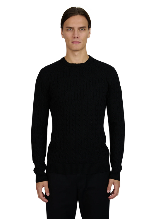 SANDBANKS CABLE KNIT MERINO WOOL BADGE LOGO JUMPER BLACK SLIM FIT RRP £175 BNWT