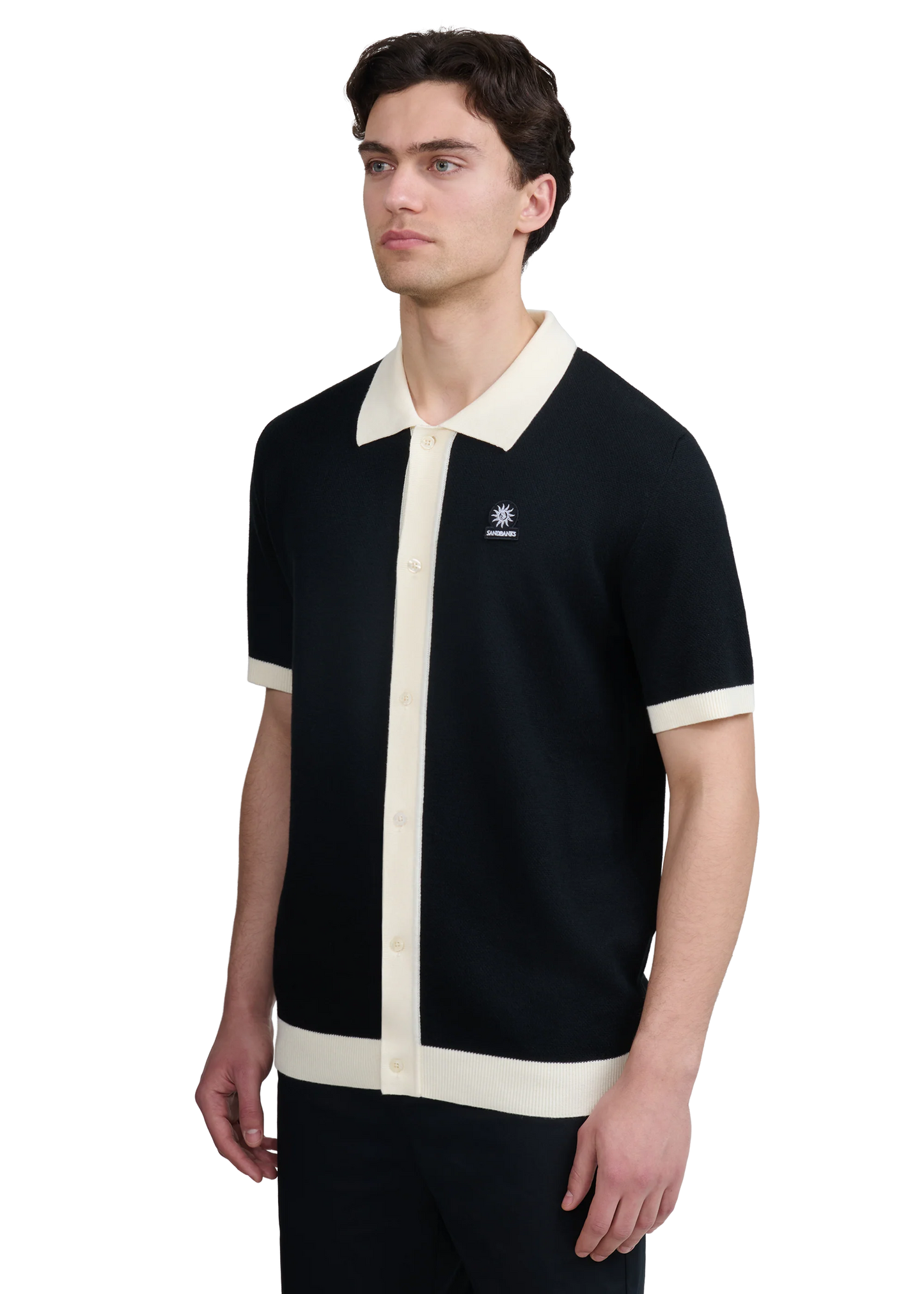 SANDBANKS FULL BUTTON KNITTED COTTON POLO SHIRT BLACK/ECRU MEDIUM RRP £165 BNWT