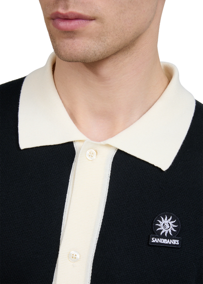SANDBANKS FULL BUTTON KNITTED COTTON POLO SHIRT BLACK/ECRU MEDIUM RRP £165 BNWT
