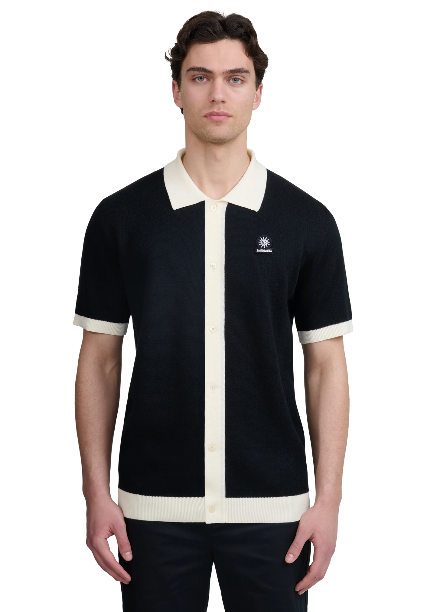SANDBANKS FULL BUTTON KNITTED COTTON POLO SHIRT BLACK/ECRU MEDIUM RRP £165 BNWT