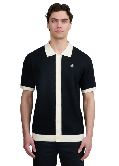 SANDBANKS FULL BUTTON KNITTED COTTON POLO SHIRT BLACK/ECRU MEDIUM RRP £165 BNWT