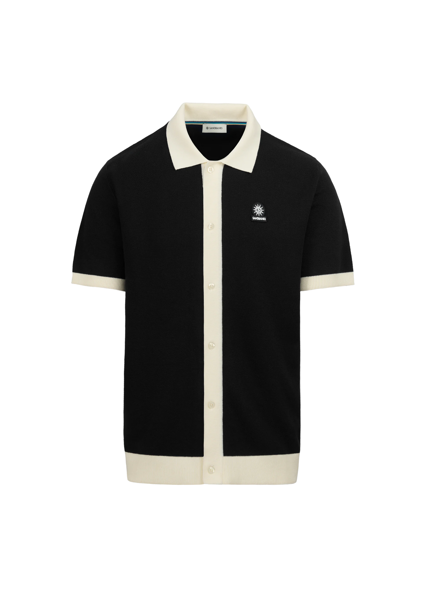 SANDBANKS FULL BUTTON KNITTED COTTON POLO SHIRT BLACK/ECRU MEDIUM RRP £165 BNWT