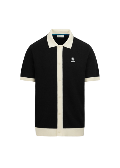 SANDBANKS FULL BUTTON KNITTED COTTON POLO SHIRT BLACK/ECRU MEDIUM RRP £165 BNWT