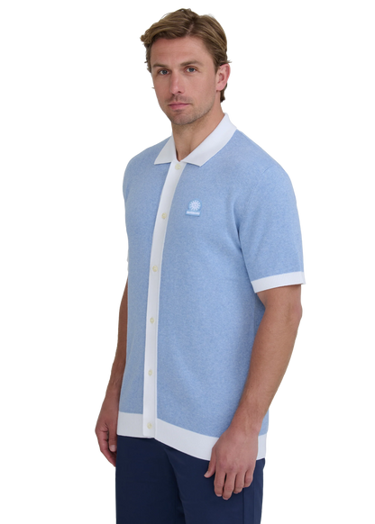SANDBANKS FULL BUTTON KNITTED COTTON POLO SHIRT DUSTY BLUE/WHITE RRP £165 BNWT