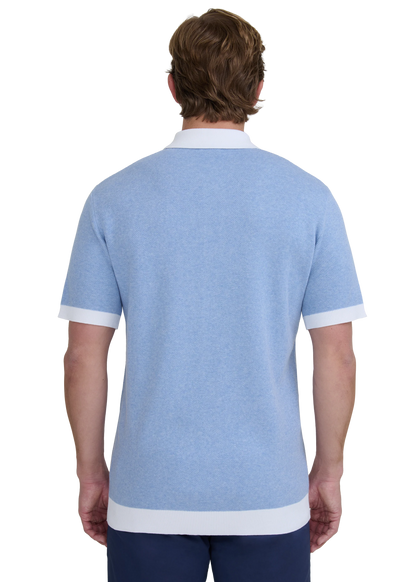 SANDBANKS FULL BUTTON KNITTED COTTON POLO SHIRT DUSTY BLUE/WHITE RRP £165 BNWT