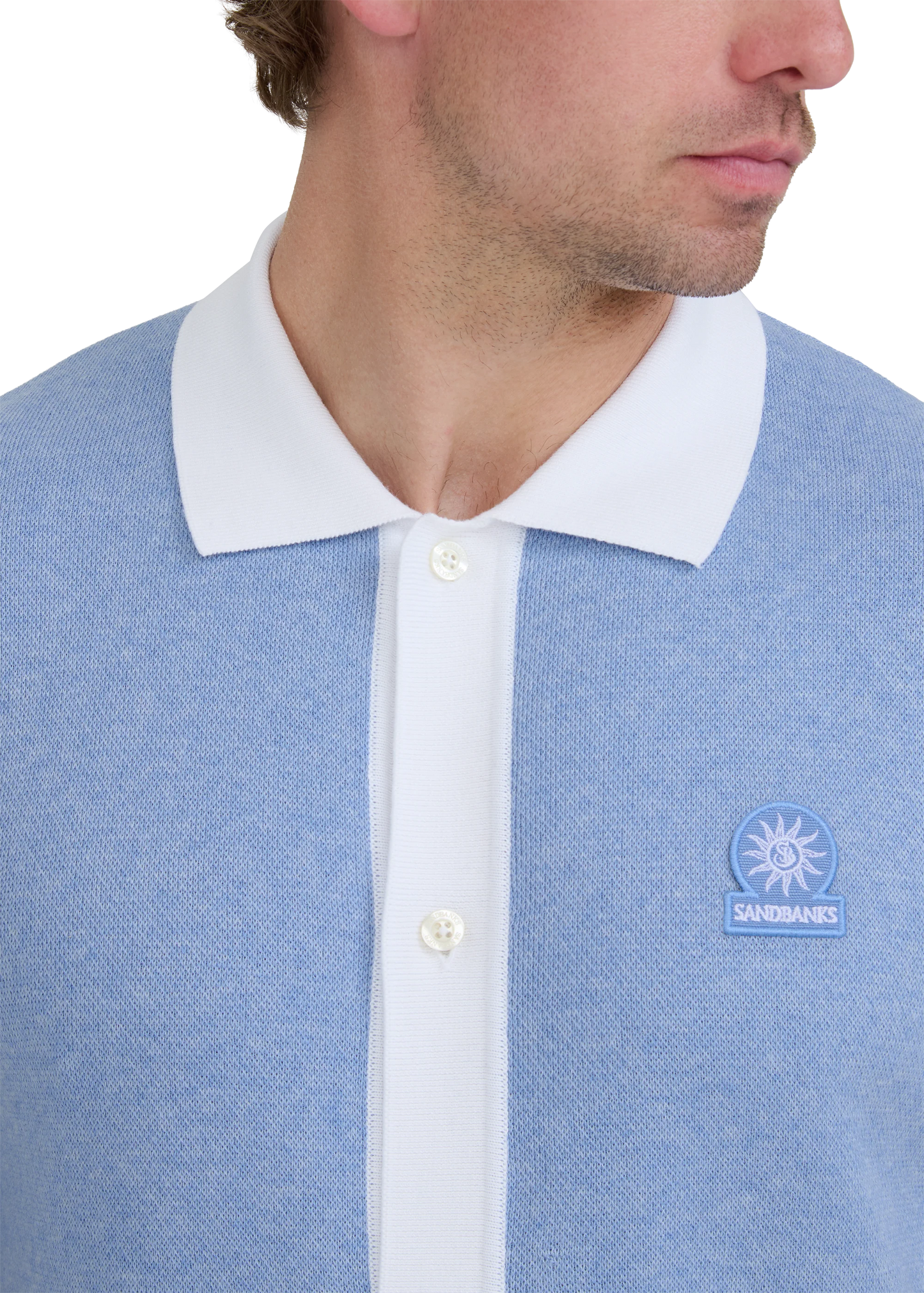SANDBANKS FULL BUTTON KNITTED COTTON POLO SHIRT DUSTY BLUE/WHITE RRP £165 BNWT