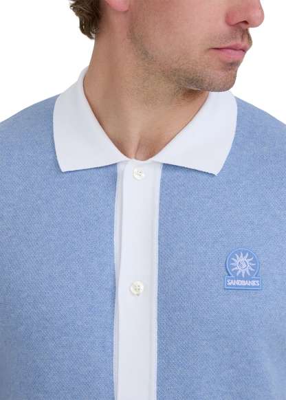 SANDBANKS FULL BUTTON KNITTED COTTON POLO SHIRT DUSTY BLUE/WHITE RRP £165 BNWT