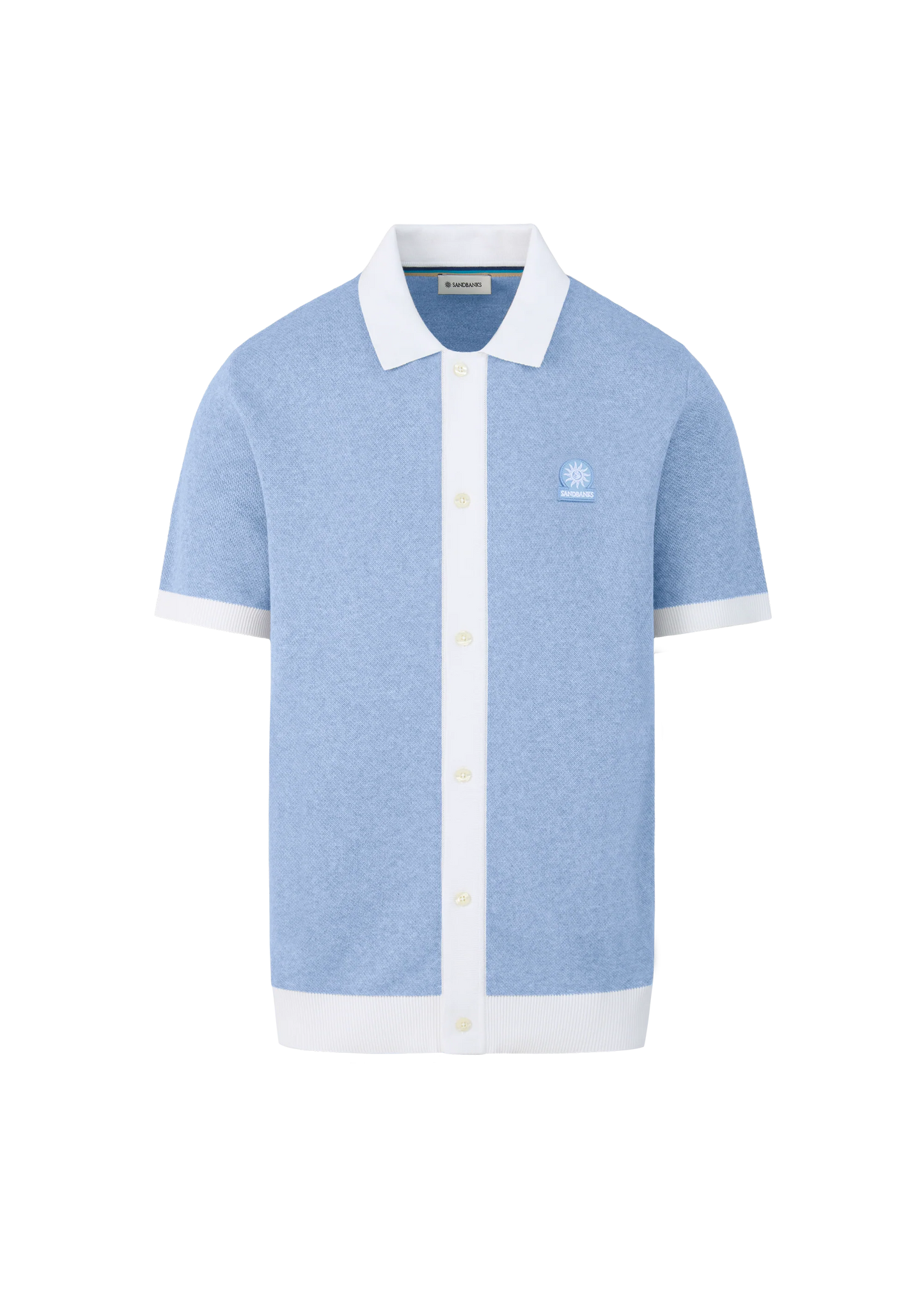 SANDBANKS FULL BUTTON KNITTED COTTON POLO SHIRT DUSTY BLUE/WHITE RRP £165 BNWT