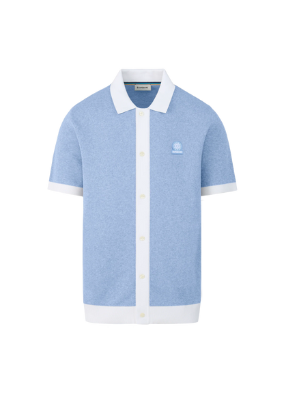SANDBANKS FULL BUTTON KNITTED COTTON POLO SHIRT DUSTY BLUE/WHITE RRP £165 BNWT