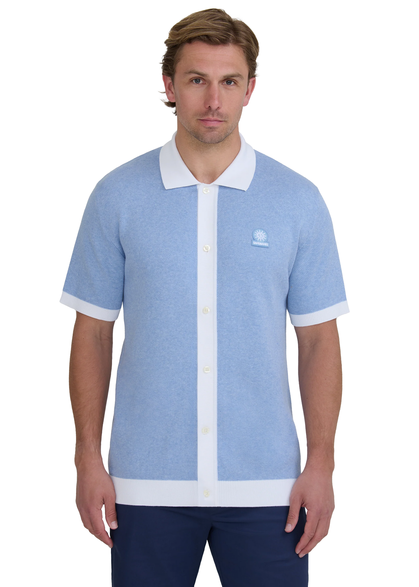 SANDBANKS FULL BUTTON KNITTED COTTON POLO SHIRT DUSTY BLUE/WHITE RRP £165 BNWT