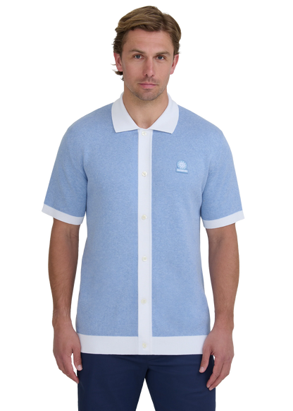 SANDBANKS FULL BUTTON KNITTED COTTON POLO SHIRT DUSTY BLUE/WHITE RRP £165 BNWT