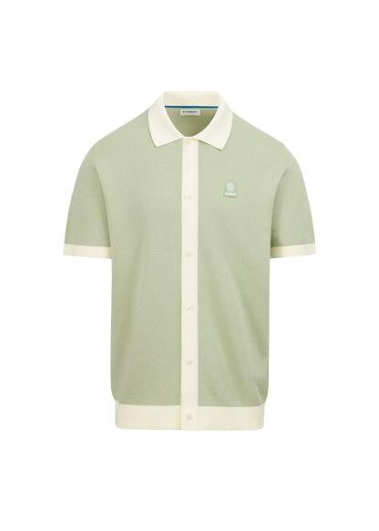 SANDBANKS FULL BUTTON KNITTED COTTON POLO SHIRT SAGE GREEN/WHITE RRP £165 BNWT